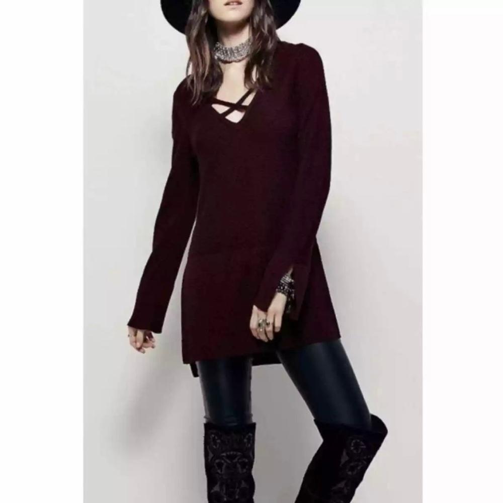 New Free People Crisscross Long-Sleeve Tunic Sweater in Mocha - Size L